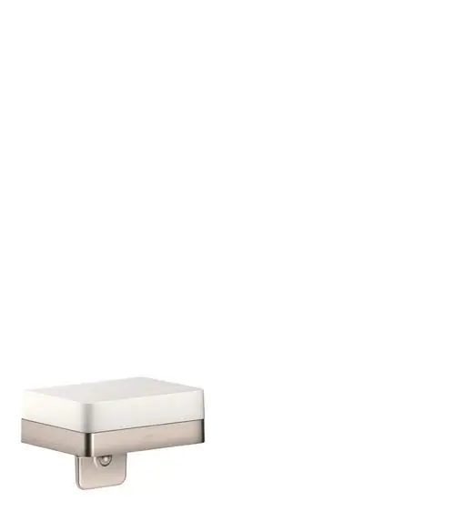 Wandmontierter Spender mit Ablage in Edelstahloptik und weißer Kunststoffoberfläche. Design von AXOR, geeignet für die Verwendung in Badezimmern oder Wellnessbereichen.
